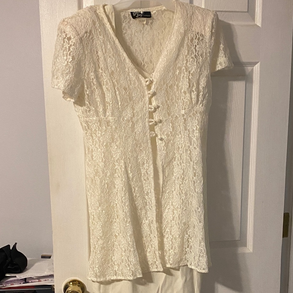 Vintage Dawn joy 1990’s  Cream Lace button top over white creme mini dress